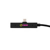 A black rectangular charging hub with a USB-C connector and a textured cable, featuring a colourful logo.