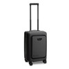 A black carry-on suitcase with a logo, featuring a retractable handle and wheels for easy transport.