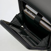 A black carry-on suitcase interior featuring compartments for a laptop and documents. It includes a logo.