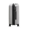 A grey carry-on suitcase with a smooth finish, featuring black accents and wheels for mobility.
