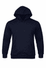 A navy blue men's hoodie featuring a front pocket and a hood, with a branding logo.