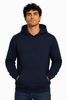 A men's hoodie in navy blue featuring a front pocket and a drawstring hood, displaying a logo.