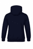 A navy blue hoodie with a kangaroo pocket and a drawstring hood, featuring a logo on the back.