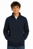 A navy blue 1/4 zip sweater for kids, featuring a collar and a front pocket. The model stands with hands in pockets.