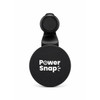 A circular black car phone holder with a textured arm and a branding logo on the front.