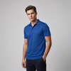A blue polo shirt for men, featuring a collar and short sleeves, with a logo on it.