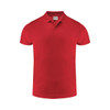A red men's polo shirt featuring a collar and short sleeves, with a logo on the upper back.