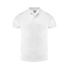 A plain white polo shirt with a collar and short sleeves, featuring a logo on the chest.