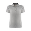 A grey women's polo shirt featuring a classic collar and button-down placket, with a logo on the chest.