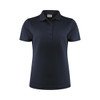 A navy blue women's polo shirt featuring a collar and three buttons, with a logo on the label.