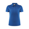 A blue women's polo shirt with a collar and three-button placket. It features a logo on the front.