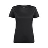 A black women's active tee with a classic short-sleeve design and a branding label on the neckline.