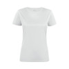 A white women's active t-shirt with a round neckline and short sleeves, featuring a logo on the front.