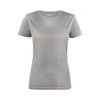 A women's active tee in grey, featuring short sleeves and a round neckline, with a logo on the front.