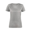 A grey women's t-shirt with a classic crew neck design and short sleeves, featuring a logo.
