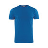 A blue t-shirt with a crew neck and short sleeves, featuring a brand logo.