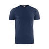 A navy blue men's t-shirt with a round neckline and short sleeves, featuring a logo.