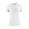 A plain white short-sleeved T-shirt featuring a round neck and a small logo.