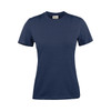 A navy blue women's t-shirt with short sleeves and a fitted design. The shirt has a logo on the label.