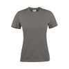 A grey women's T-shirt with short sleeves and a round neckline. It features a logo on the label.