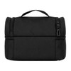 A black lunch bag with a handle and zipper compartments, featuring a simple, sleek design.