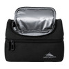A black lunch bag with a zippered closure, featuring a silver insulated interior and a small logo.