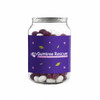 A clear canister filled with purple and white jelly beans, featuring a purple label with a logo.