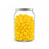 A clear can filled with bright yellow jelly beans, showcasing a vibrant and colourful treat.