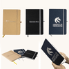 Three A5 notebooks in various colours: brown, black, and dark blue, each featuring a logo.