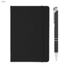 A black A5 notebook with a pen beside it, featuring a sleek design and an elastic closure band.