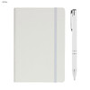 A white A5 notebook with a grey elastic band and a matching white pen. The notebook has a logo on the cover.