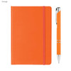 An orange A5 notebook with an elastic band and a matching pen set beside it. The notebook has a logo on the cover.