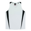 A white singlet with black accents and a v-neck design. The garment has a logo.