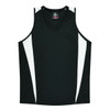 A black singlet with white accents and a v-neck design. It features a logo on the front.