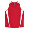 A red singlet with white panels on the sides and a V-neck design. The singlet features a logo.