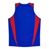 A blue singlet with red and blue accents, featuring a logo on the front.