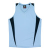 Light blue singlet with black side accents and a v-neck design, featuring a logo on the label.