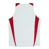 A sleeveless shirt in white with red accents, featuring a logo on the back.