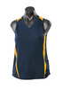 A sleeveless navy singlet featuring yellow side stripes and a v-neck design, displayed on a mannequin.