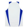 A sleeveless white singlet featuring blue side accents and a logo.