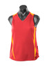 A red singlet with yellow accents, featuring a v-neck design and a logo on the side.