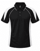 A black and white polo shirt featuring a logo and a classic collar design.