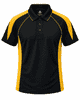 A black polo shirt with yellow accents and a logo on the chest. Features a collar and buttons.
