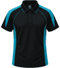 A black polo shirt featuring turquoise accents and a logo on the chest area.
