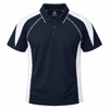 A navy blue polo shirt with white panels and a collar, featuring a logo. Short sleeves and a classic fit design.