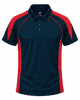 A navy polo shirt with red side panels and a collar, featuring a logo on the chest.