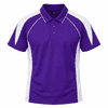 A purple polo shirt with white side panels and a collar, featuring a subtle logo.
