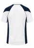 A polo shirt featuring a white body with navy blue side panels and a logo on the front.