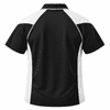 A black polo shirt with white panels on the sides and a collar. The back view highlights the design and colour contrast.