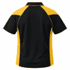 A black and yellow polo shirt featuring a contrast design and a logo on the front.